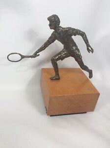 Beautiful Vtg Curtis Jere Brutalist Bronze Tennis Player Wood Base Sculpture