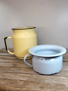 Two Vintage Enamelware Pieces Baby Blue Chamber Pot From Germany Yellow 