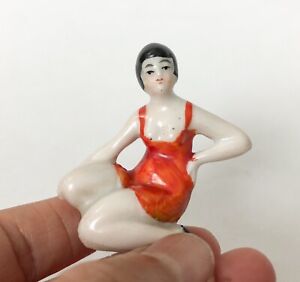 Mini Bathing Beauty Lady Woman Figurine Porcelain Ceramic Art Deco Vtg German