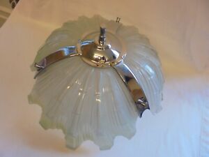 Vintage Art Deco Clam Shell Green Glass Chrome Hanging Odeon Light Shade Lamp