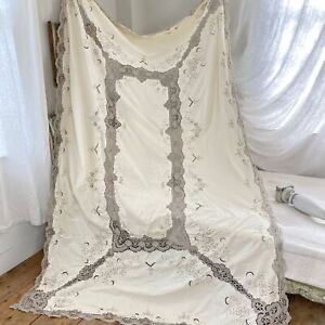 43x94 Antique Handmade French White Lace Tablecloth Square Cotton Banquet Festi