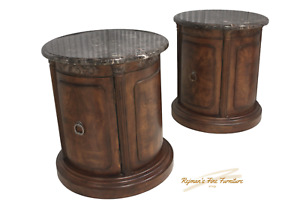 Pair Regency Style Burled Marble Top Commode Round Drum Tables