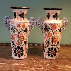 Pair Masons Ironstone Double Handled Imari Vases 1820s