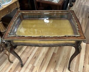 Antique 19th C French Bronze Mounted Vitrine Beveled Glass Top Table Curio