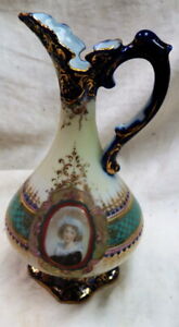 Flow Blue Portrait Pitcher Lady And Flowers Very Ornate Hand Decorated 9 5 Rare