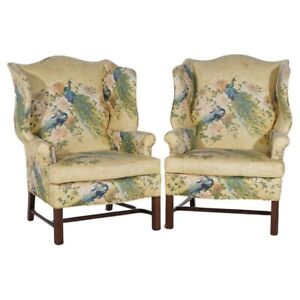 Pair Of English Colonial Peacock Floral Decorated Wing Back Chairs 20thc