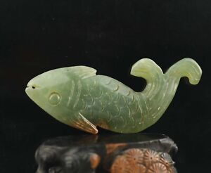China Old Natural Jade Hand Carved Statue Of Fish Pendant A3