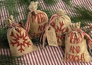 Set Of 4 Primitive Rustic Scented Christmas Bowl Filler Burlap Bags Decor Grubby