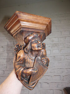 Antique Belgian Malines Neo Gothic Wood Carved Wall Console Harp Player