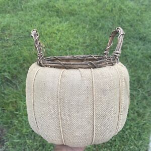 Unique Antique Primitive Basket Pumpkin Burlap Twig Handle Big 8 Open Sj3j5