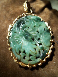 Jadeite Jade Victorian Pendant Antique 53mm Medallion Gold Color Chinese Vintag