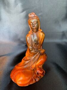 Rare Antique Chinese Fine Carved Kwan Yin Statue Cattle Horn Figurine