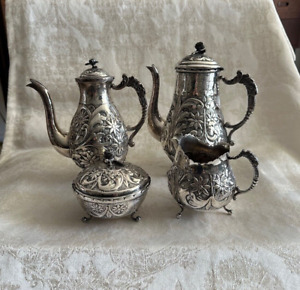 Vintage Ornate Silver Plated Coffee Tea Service 4 Piece Set Repousse Silver