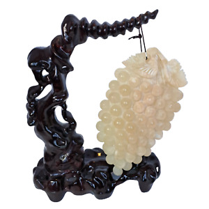 Chinese Jade Grapes Ornament And Wooden Display Stand