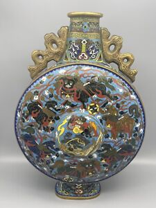 Antique Chinese Cloisonne Enamel Foo Dog Pot Flat Bottle Vase