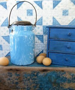 Antique Light Blue Marble Graniteware Cream Can Tin Lid