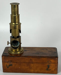 Collectible Brass Field Microscope W Wooden Case Antique Circa 1880 S