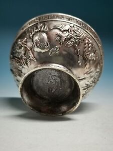  Great High Grade Old Chinese Miao Silver Dragon Phoenix Pattern Bowl A05