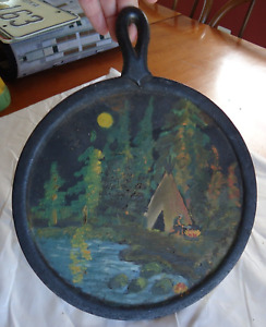 Antique Ooak One Of A Kind Folk Art Western Cowboy Cast Iron Griddle Painting