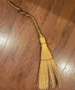 Vtg Handmade Artisan Woven Straw Hearth Fireplace Broom Twisted Wood Handle 35 
