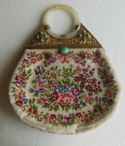 Rare Antique Chinese Petit Point Handbag W Hetian Jade Bangle Handle 1920 S