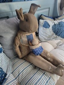  Ooak Primitive Handmade Bunny Rabbit In Blue Calico 