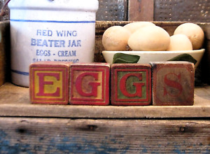 Lg Antique Wood Toy Alphabet Blocks Original Red Paint Spell Eggs