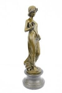 Bronze Sculpture Young Lady Gazes Into A Flower By Moreau Art Nouveau Deco Decor