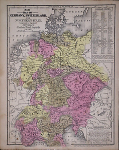 Old 1849 Authentic Mitchell Atlas Map Germany Italy Switzerland Zealand