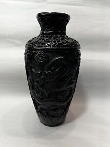 Vintage Chinese Heavy Dragon Carved Black Cinnabar Vase 9 Tall X 4 