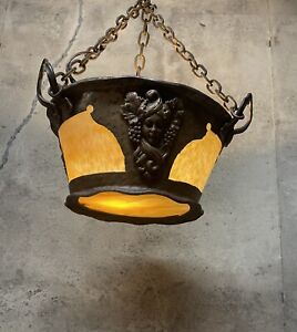 Antique Arts Crafts Slag Glass Copper Bucket Drop Light Fixture Chandelier
