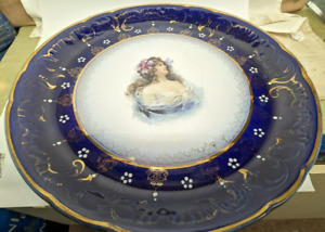 Huge Antique Royal La Belle Wheeling Pottery Co Portrait Flo Blue Plater 14 1 2