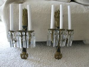 Pair Vintage Neoclassical Brass Wall Sconces Three Arm Electric Candelabras