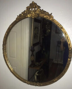 Antique 1931 Aetna Hollywood Regency Large Round Ornate Wood Framed Mirror 32 