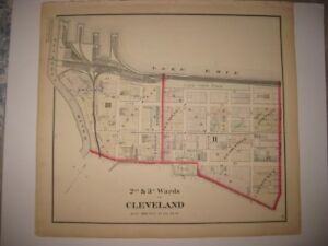 Vintage Antique 1874 2nd 3rd Ward Cleveland Ohio Handcolored Map Railroad Area