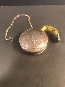 Antique Mini Ornate Tape Measure Case Angel Playing Silver Case France C 1920