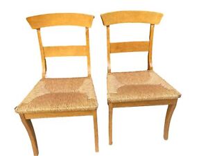 Farmhouse Splatback Vintage Pine Wooden Shaker Chairs W Rush Seating Set Of 2 