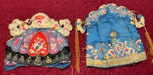 Lot 2 Antique 19th 20th C Qi Ing Chinese Embroidered Silk Hats Woman Child S