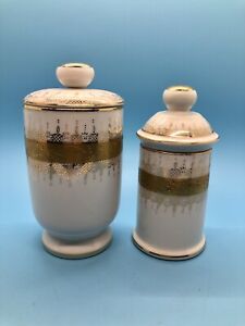 Two Stunning Vintage White Gold Hand Painted Lidded Apothecary Jars