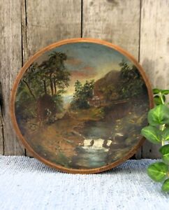Antique Wood Dough Bowl W Rim Early Landscape Painting