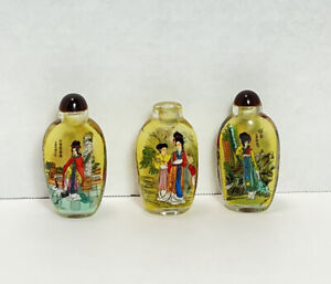 Vintage Reverse Hand Painted 3 Chinese Snuff Perfume Glass Bottles Lot Of 3