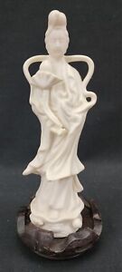 Porcelain 8 Tall Statue Guan Yin Holding Lotus Flower With Wooden Stand