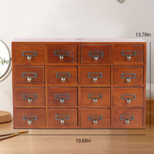 16 Drawers Cabinet Wooden Storage Drawers Apothecary Label Holder Card Catalog
