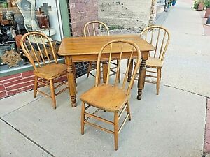 Primitive Antique Country Farmhouse Table With 4 Rail Chairs