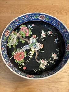Antique Chinese Famille Noir 8 5 Bowl Birds Flowers Blue Trim Signed