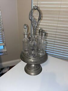 Vintage Castor Cruet Condiment Set Silver Plate Stand With 5 Etched Bottles Used