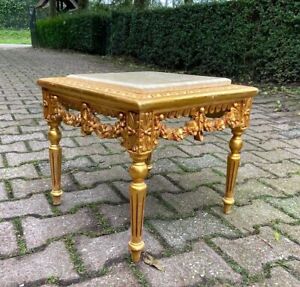 Vintage French Louis Xvi Style Gilded Beech Side Table With Beige Marble Top