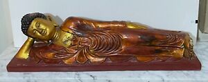 Vintage Gorgeous Monumental Chinese Painted Wood Statue Of Reclining Buddha