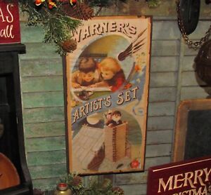 Prim Antique Vtg Style Christmas Santa Artist Set Box Sign Shelf Wall Art As Is