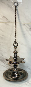 Antique Indian Hindu Fine Brass Hanging Oil Diya Lamp 16 Tall With Chain 